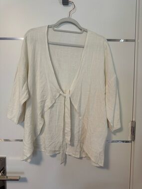 Women's Cream Tie-Front Linen Blouse